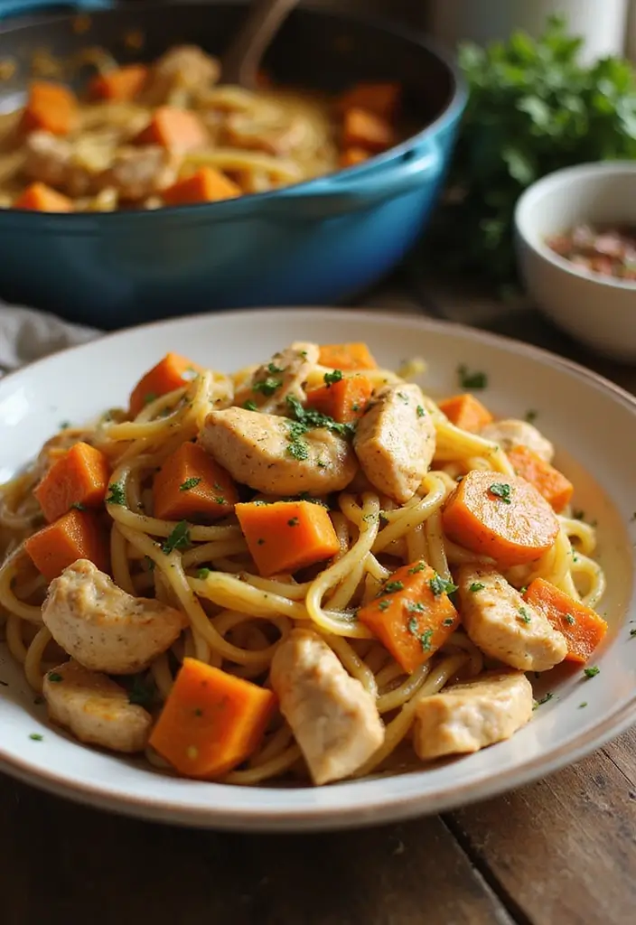 25 Chicken Pasta Recipes for Easy One Pot Quick Dinners 125 25 Chicken Pasta Recipes for Easy One Pot Quick Dinners - 21. Chicken and Sweet Potato Pasta