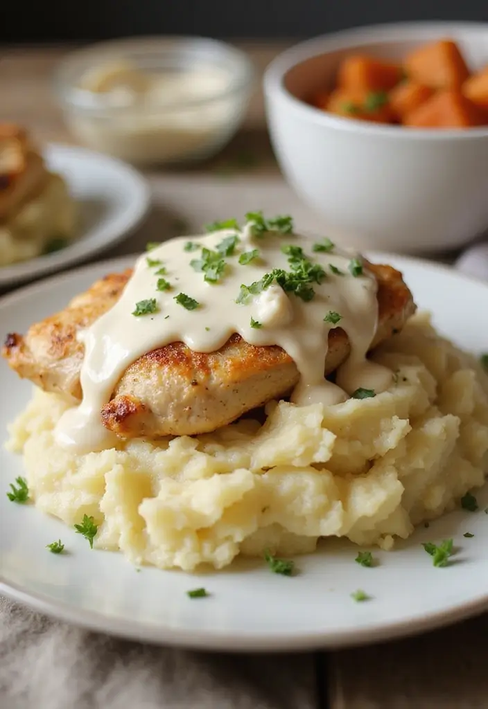 25 Quick and Easy Dinner Recipes with Creamy Mashed Potatoes 48 25 Quick and Easy Dinner Recipes with Creamy Mashed Potatoes - 8. Chicken Alfredo with Mashed Potatoes