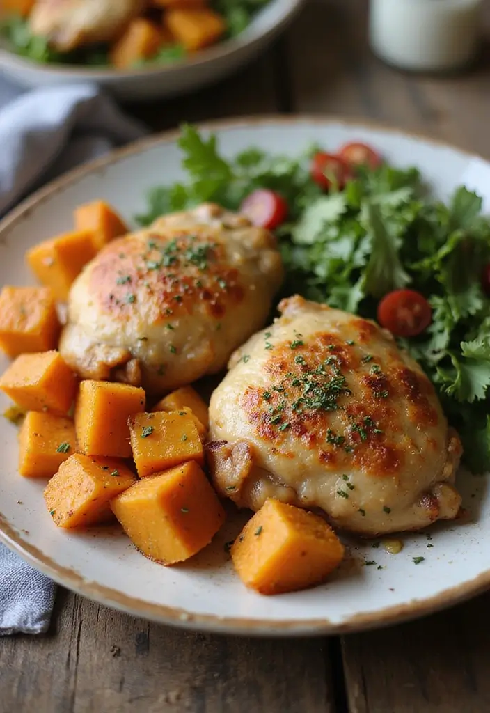 30 High Protein Quick and Healthy Dinner Recipes That Keep You Full 56 30 High Protein Quick and Healthy Dinner Recipes That Keep You Full - 10. Baked Chicken Thighs with Sweet Potatoes