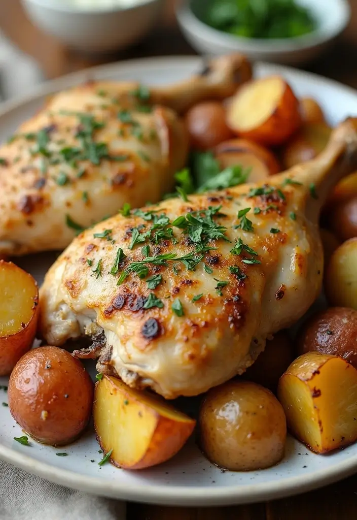 30+ Quick and Easy Dinner Recipes for Two Featuring Oven Baked Chicken 106 30+ Quick and Easy Dinner Recipes for Two Featuring Oven Baked Chicken - 18. Savory Herb Chicken with Roasted Potatoes